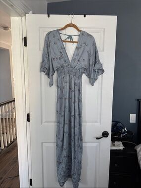 Boho Maxi Dress with Smocked Waist - Light Blue Floral size med/lg